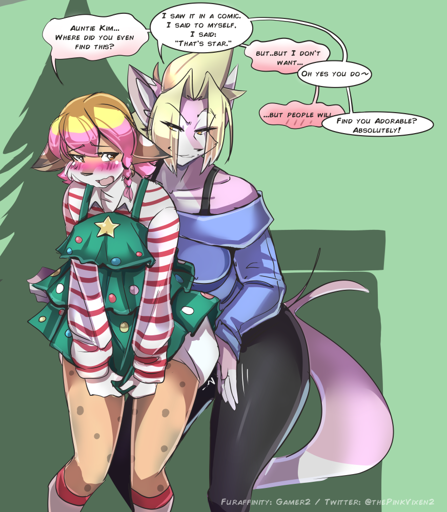 anthro biped blonde_hair blush bottomwear breasts canid canine canis christmas christmas_clothing christmas_tree clean_diaper clothed clothing dialogue diaper digital_media_(artwork) dress duo embarrassed english_text felid feline female female/female footwear fox fur gamer2 grin hair holidays kim_(gamer2) leggings legwear lynx mammal markings open_mouth patting_diaper pink_body pink_fur pink_hair plant shirt simple_background smile socks speech_bubble standing star_(babystar) sweater tail text topwear tree wearing_diaper white_diaper