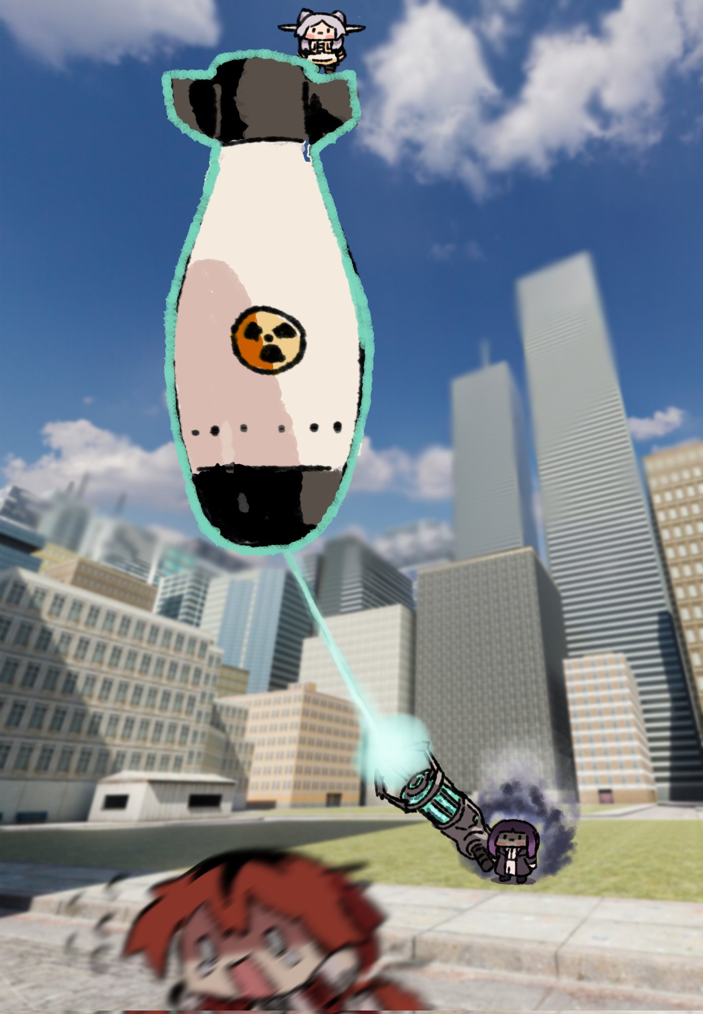 1boy 1girl black_coat blunt_bangs building chibi city cityscape coat corrupted_twitter_file dress fern_(sousou_no_frieren) fleeing full_body game_screenshot_background garry's_mod gravity_gun highres holding holding_weapon long_hair nuclear_weapon open_clothes open_coat purple_hair radiation_symbol red_hair short_hair skyscraper sousou_no_frieren stark_(sousou_no_frieren) weapon wersman white_dress