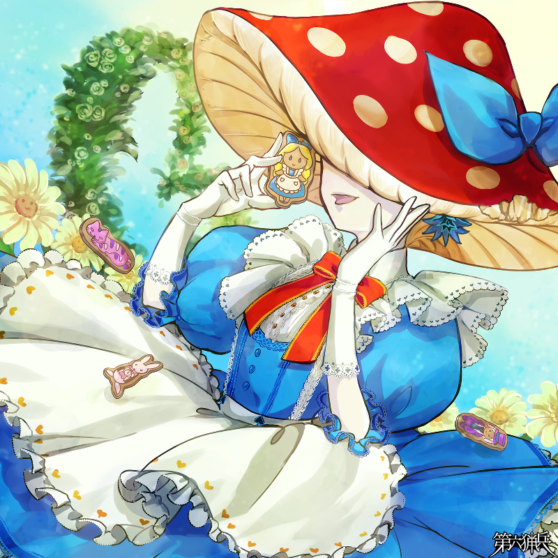 1girl :d blue_bow blue_dress bow cookie dairoku_ryouhei day dress flower food gloves hat hat_bow holding holding_cookie holding_food mizuki_itose mushroom_hat outdoors pale_skin petit_grande puffy_short_sleeves puffy_sleeves red_bow short_sleeves smile solo white_gloves