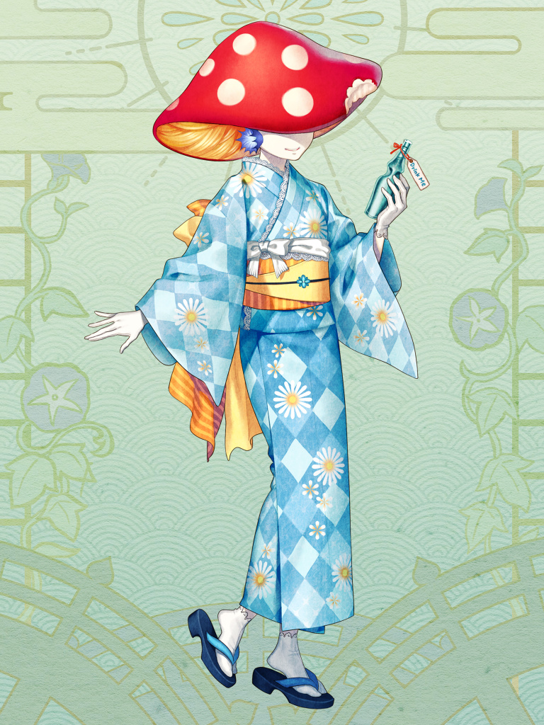 1girl argyle_clothes argyle_kimono blue_kimono covered_eyes dairoku_ryouhei floral_print full_body green_background japanese_clothes kimono mushroom_hat obi petit_grande ramune sandals sash satono_omo smile socks solo standing white_socks wide_sleeves