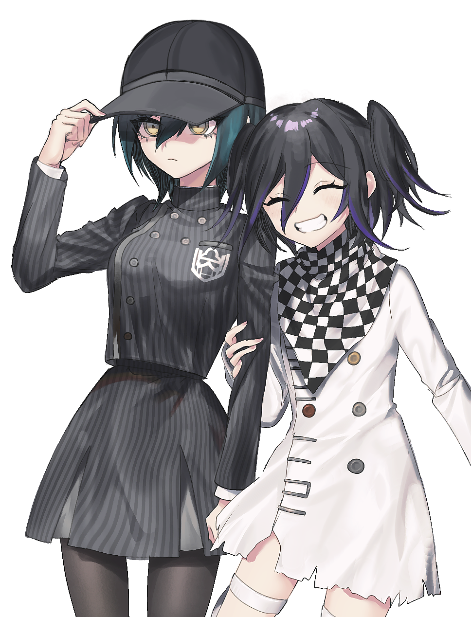 2girls black_hair black_hat black_pantyhose black_skirt buttons checkered_neckerchief closed_eyes commentary_request cowboy_shot danganronpa_(series) danganronpa_v3:_killing_harmony eyelashes frown genderswap genderswap_(mtf) grin hand_up happy highres jacket long_sleeves medium_hair multicolored_hair multiple_girls neckerchief oma_kokichi pantyhose pinstripe_jacket pinstripe_pattern pinstripe_skirt purple_hair saihara_shuichi short_hair short_twintails simple_background skirt smile striped_clothes striped_jacket striped_skirt teeth teruha_kurumi twintails two-tone_hair white_background white_jacket yuri