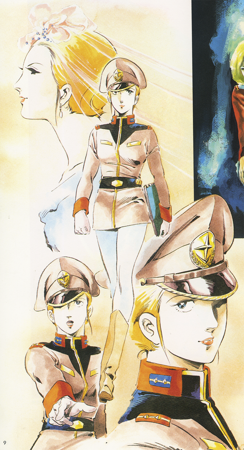 1970s_(style) 1980s_(style) 1girl belt blonde_hair earrings earth_federation gundam hat highres jewelry looking_at_viewer magazine_scan matilda_ajan military military_uniform mobile_suit_gundam multiple_persona multiple_views notebook production_art retro_artstyle scan science_fiction serious sketch traditional_media uniform yasuhiko_yoshikazu