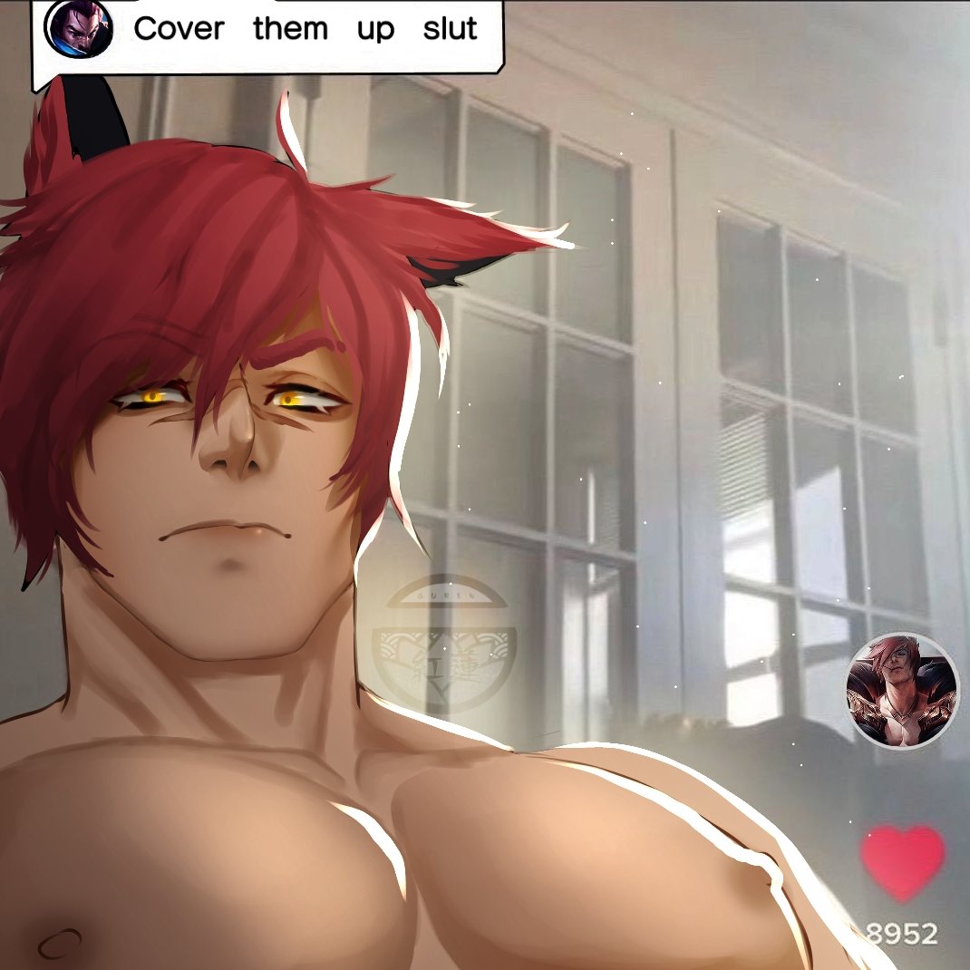 1boy bara cover_them_up_slut_(meme) dialogue_box indoors league_of_legends looking_at_viewer male_focus meme nipples nude photo_background renishi9 scar scar_on_face scar_on_nose sett_(league_of_legends) short_hair solo upper_body