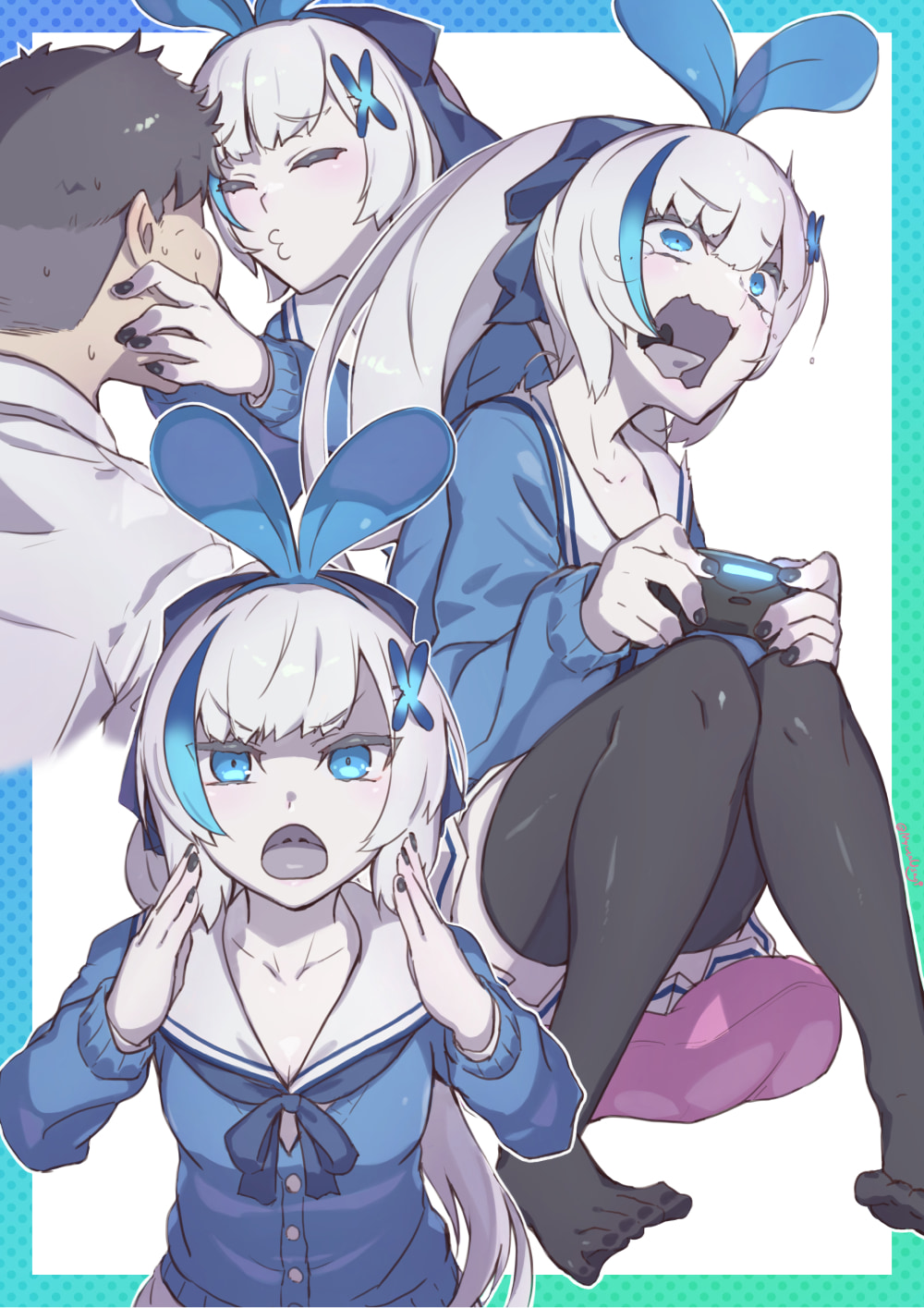 1boy 1girl angry annoyed azur_lane black_hair black_nails blue_bow blue_bowtie blue_eyes blue_hair blue_hairband blue_ribbon blue_shirt blush bow bowtie breasts cleavage colored_skin commander_(azur_lane) cosplay facing_another facing_viewer full_body hair_between_eyes hair_ornament hair_ribbon hairband hands_on_another's_cheeks hands_on_another's_face highres holding_another's_head imminent_kiss kizuna_ai kizuna_ai_(cosplay) kizuna_ai_inc. knees_together_feet_apart long_hair long_sleeves looking_at_viewer miniskirt multicolored_hair multiple_views myuutau_tadakichi nail_polish pale_skin pleated_skirt ponytail ribbon screaming serious shirt shouting siren_(azur_lane) sitting skirt solo_focus streaked_hair tb_(azur_lane) tearing_up thighhighs two-tone_hair upper_body very_long_hair voice_actor_connection white_hair white_shirt white_skin white_skirt x_hair_ornament