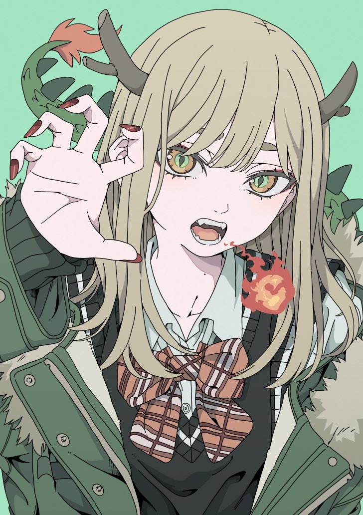 1girl black_sweater_vest bow bowtie breasts breath_weapon breathing_fire brown_eyes brown_horns claw_pose collarbone collared_shirt commentary_request dragon_tail fangs fire fireball fur-trimmed_jacket fur_trim green_background green_eyes green_jacket haku_geroda hand_up head_tilt horns jacket light_brown_hair long_sleeves looking_at_viewer medium_hair mole mole_on_neck multicolored_eyes open_clothes open_jacket open_mouth orange_bow orange_bowtie original plaid plaid_bow plaid_bowtie red_nails shirt short_eyebrows sidelocks simple_background single_off_shoulder sleeveless small_breasts solo sweater_vest tail teeth thick_eyelashes tongue two-tone_nails upper_body white_shirt