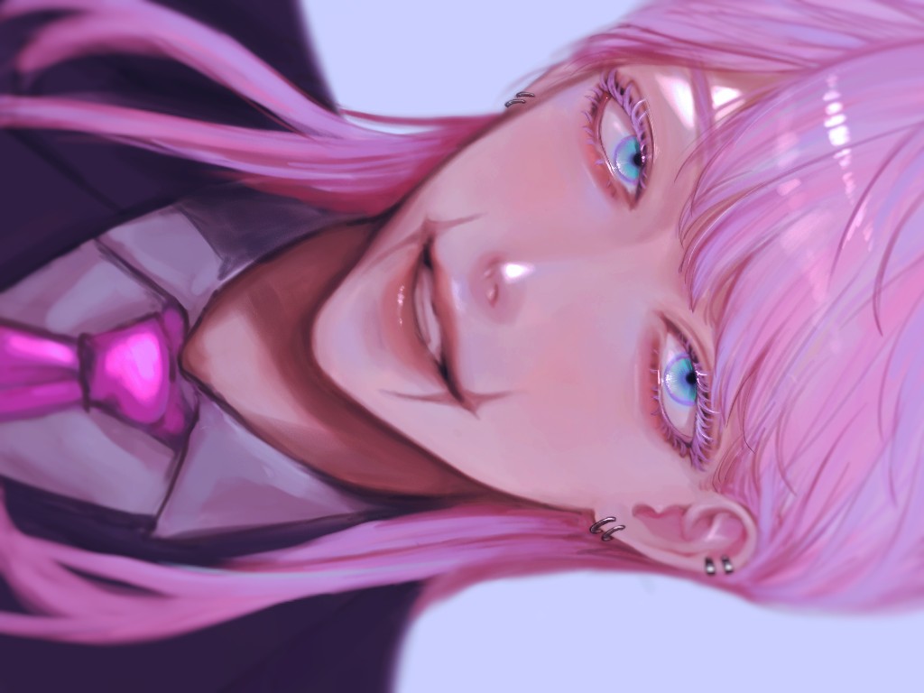 1boy black_jacket blue_eyes blurry collared_shirt depth_of_field ear_piercing eyelashes jacket light_smile looking_at_viewer male_focus necktie piercing pink_hair portrait purple_necktie sanzu_haruchiyo scar scar_on_face shirt simple_background solo suit teeth tokyo_revengers user_vmvk7454 white_shirt