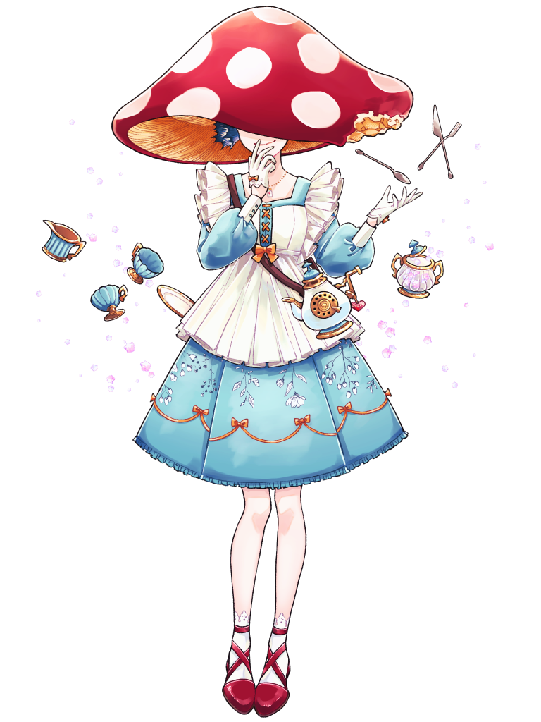 1girl blue_dress blue_skirt cup dairoku_ryouhei dress facing_viewer floral_print full_body gloves hand_up imagawa900 jewelry long_sleeves mushroom_hat necklace petit_grande plate puffy_long_sleeves puffy_sleeves red_footwear skirt smile socks spoon standing sugar_bowl teacup teapot transparent_background white_gloves