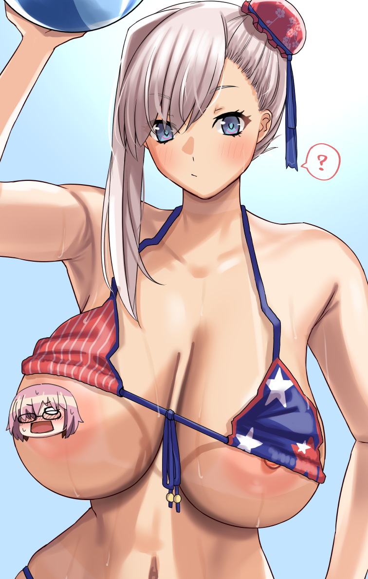 1girl american_flag_bikini areola_slip bikini blue_eyes blush breasts bun_cover censored choker cleavage collarbone fate/grand_order fate_(series) flag_print gachou hair_bun hair_ribbon large_breasts long_hair looking_at_viewer mash_kyrielight miyamoto_musashi_(fate) miyamoto_musashi_(swimsuit_berserker)_(fate) miyamoto_musashi_(swimsuit_berserker)_(second_ascension)_(fate) navel nipple_slip nipples novelty_censor pink_hair ribbon single_side_bun solo swept_bangs swimsuit