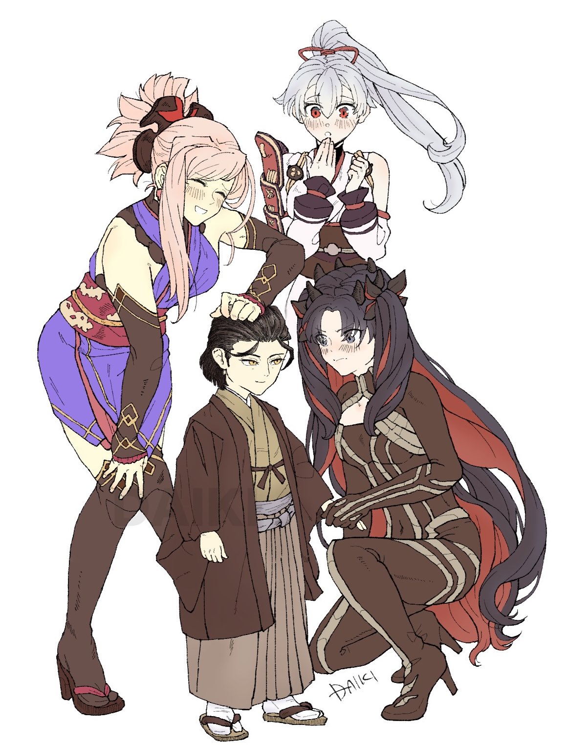 1boy 3girls aged_down armor black_bodysuit black_hair black_thighhighs blush bodysuit brown_hakama brown_haori brown_kimono brown_sash child fate/grand_order fate_(series) grey_eyes hair_slicked_back hakama hakama_pants haori high_heels high_ponytail highres horns ishtar_(fate) japanese_armor japanese_clothes kimono miyamoto_musashi_(fate) multicolored_hair multiple_girls obi pants parted_bangs pink_hair ponytail purple_kimono red_eyes red_hair red_sash sandals sash short_kimono shoulder_armor single_sidelock sleeveless sleeveless_kimono smile sode space_ishtar_(fate) space_ishtar_(first_ascension)_(fate) swept_bangs syuugou_11 tabi thighhighs tomoe_gozen_(fate) two-tone_hair two_side_up white_hair white_kimono yagyuu_munenori_(fate) yellow_eyes