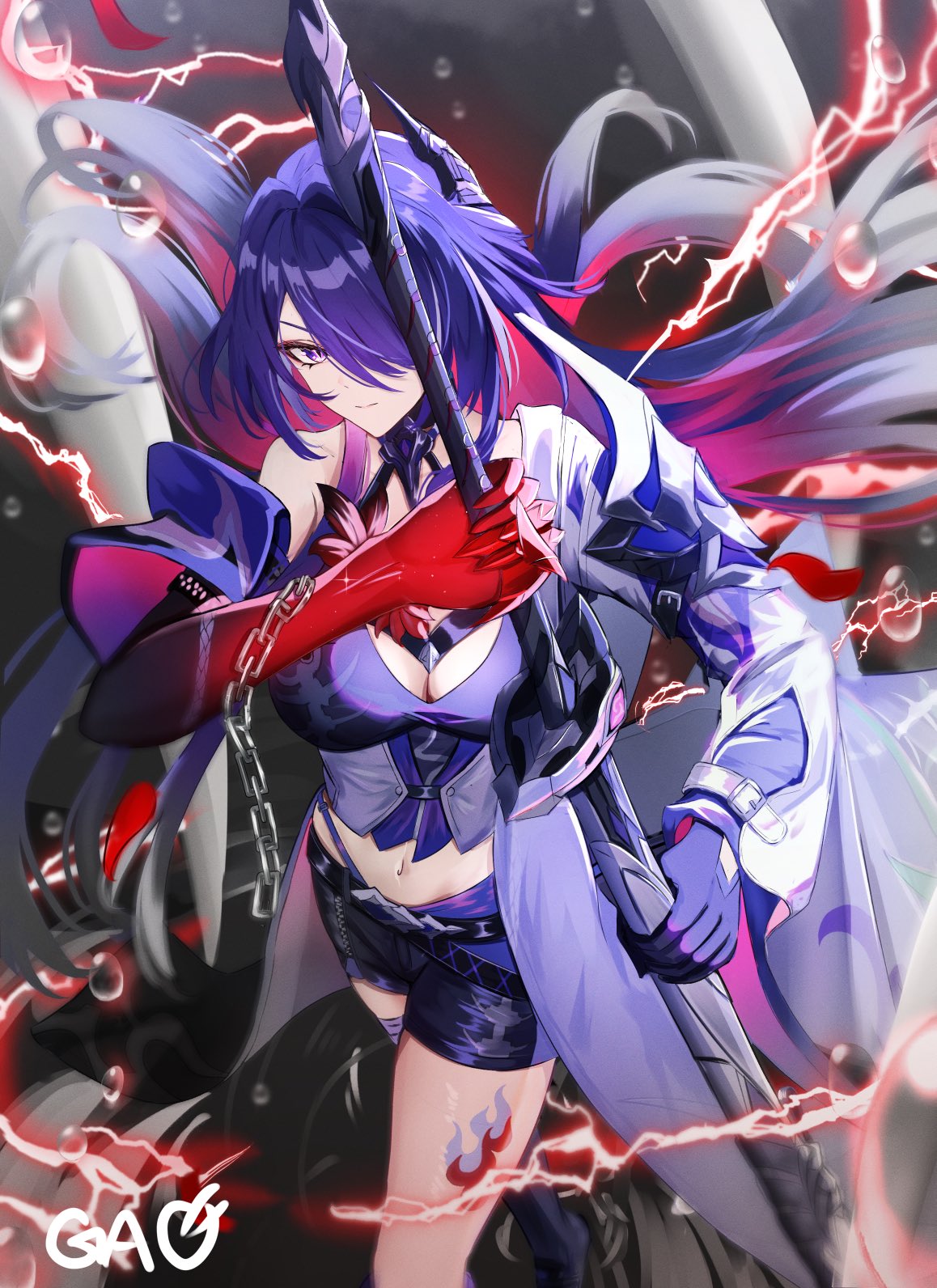 1girl acheron_(honkai:_star_rail) black_shorts breasts cleavage commentary gao_kawa gloves hair_ornament hair_over_one_eye highres holding holding_sword holding_weapon honkai:_star_rail honkai_(series) katana leg_tattoo long_hair looking_at_viewer midriff navel purple_eyes purple_gloves purple_hair short_shorts shorts single_bare_shoulder solo standing sword tattoo thighs very_long_hair weapon