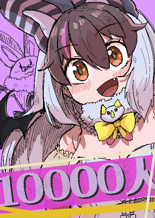 1girl animal_ears bat_(animal) bat_ears bat_girl bat_wings brown_eyes brown_hair brown_long-eared_bat_(kemono_friends) elbow_gloves extra_ears gloves grey_hair kemono_friends kemono_friends_v_project leotard long_hair looking_at_viewer microphone onaji_(sokudo_seigen) poporu_(kemono_friends) purple_background simple_background upper_body virtual_youtuber wings