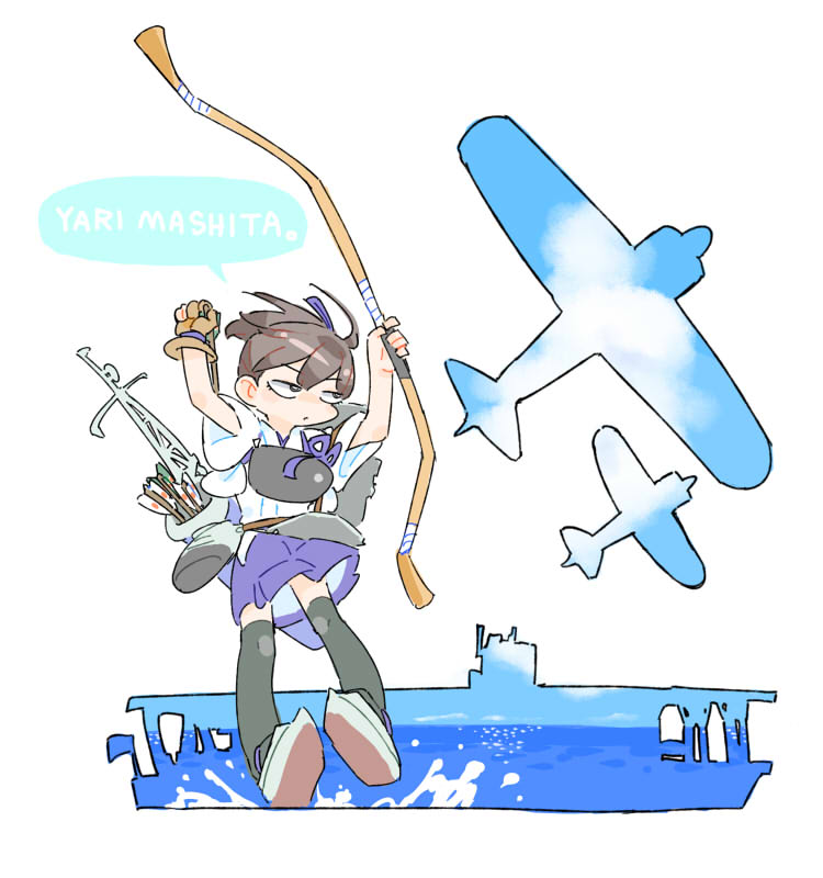 1girl aircraft aircraft_carrier airplane arms_up arrow_(projectile) black_thighhighs blue_sky bow_(weapon) brown_eyes brown_gloves brown_hair closed_mouth cloud double_exposure floating_hair full_body gloves holding holding_arrow holding_bow_(weapon) holding_weapon horizon japanese_clothes jibakurei_(elite_unchi) jitome kaga_(kancolle) kantai_collection kimono military_vehicle muneate ocean partially_fingerless_gloves purple_skirt quiver romaji_text ship short_kimono short_sleeves side_ponytail simple_background single_glove skirt sky solo speech_bubble splashing tasuki thighhighs translation_request warship watercraft weapon white_background white_kimono yugake