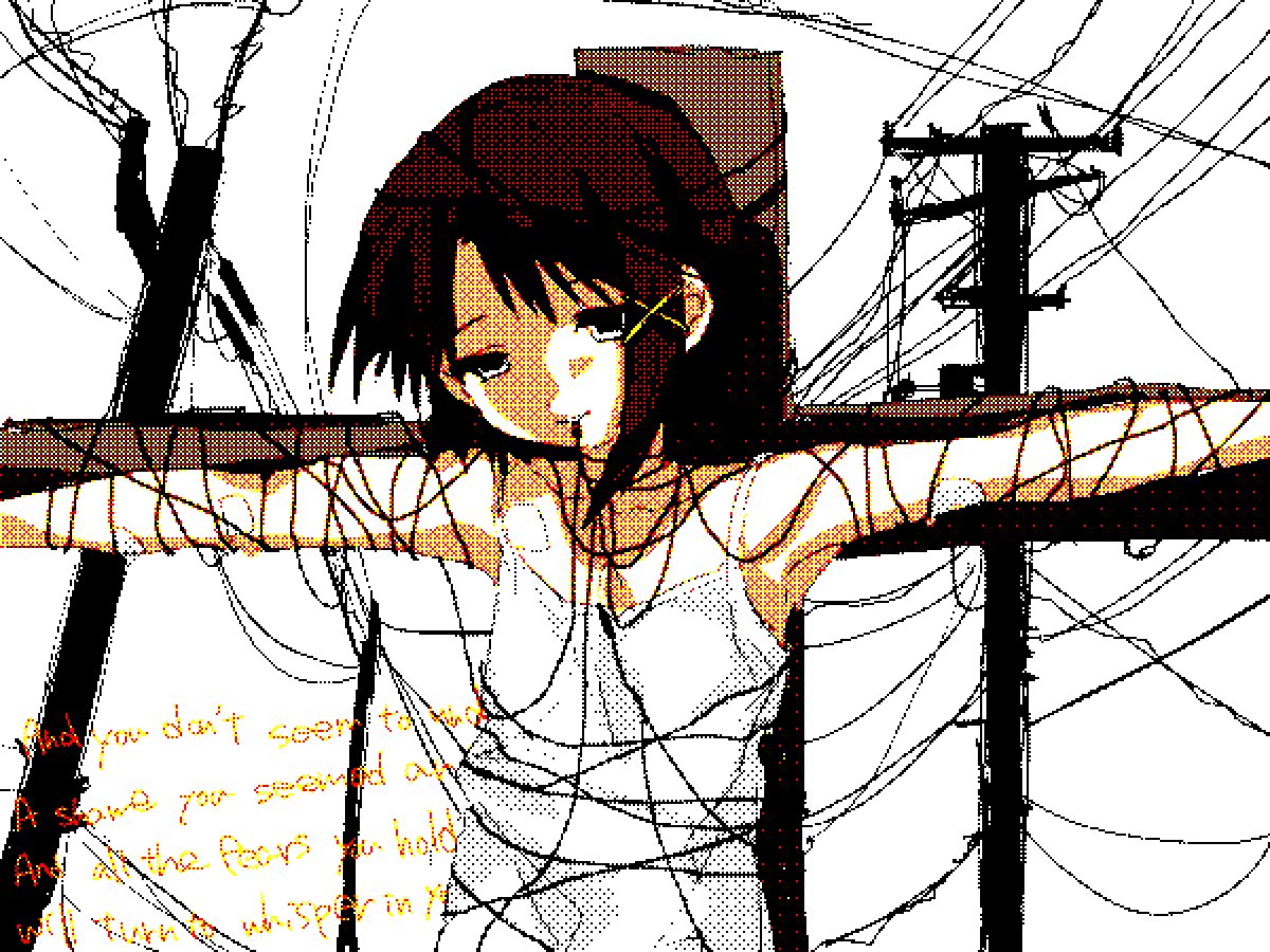 1girl asymmetrical_hair black_eyes brown_hair cable cross crucifixion dress expressionless flat_chest hair_ornament iwakura_lain power_lines serial_experiments_lain shinsekai_(z_o10) short_hair single_sidelock solo upper_body utility_pole white_dress x_hair_ornament