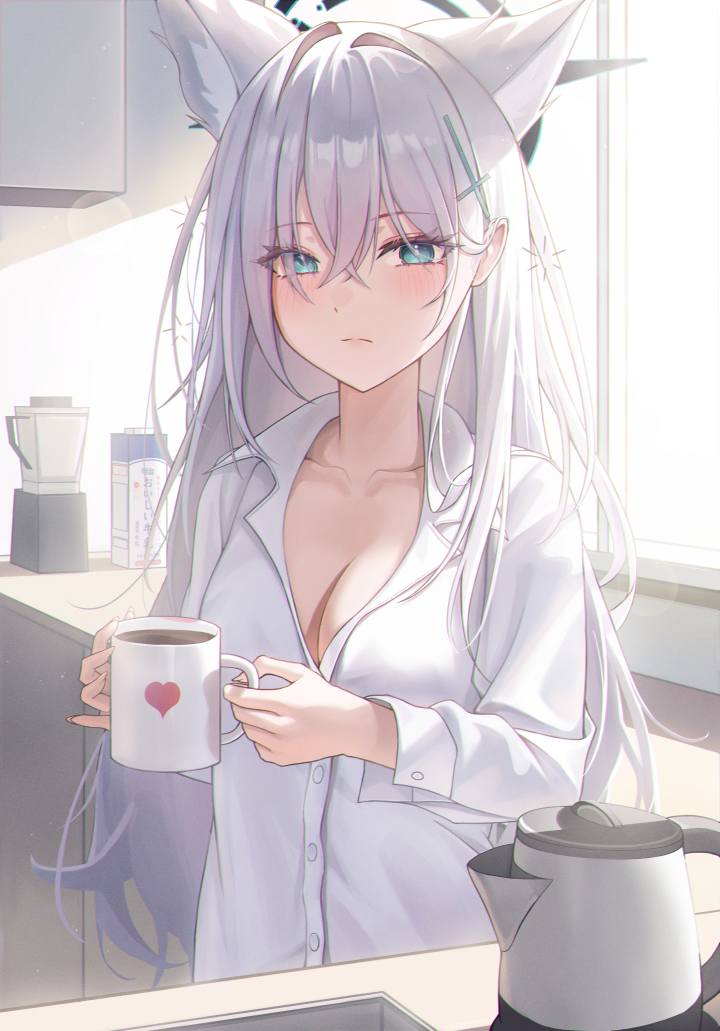 1girl animal_ear_fluff animal_ears black_halo blue_archive blue_eyes breasts cleavage closed_mouth coffee collarbone commentary_request cross_hair_ornament cup grey_hair hair_between_eyes hair_ornament halo holding holding_cup long_hair long_sleeves looking_at_viewer medium_breasts melt_(melt_out1) shiroko_(blue_archive) shiroko_terror_(blue_archive) shirt sleepy solo white_shirt