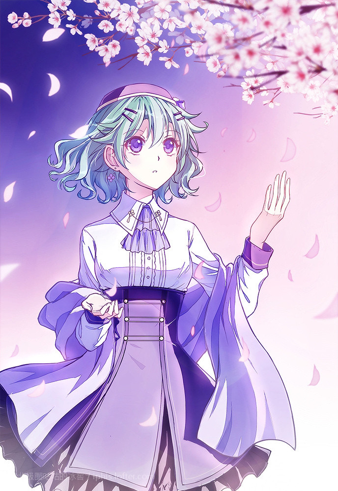 1girl eiyuu_densetsu green_hair hair_between_eyes musse_egret non-web_source purple_eyes sen_no_kiseki short_hair solo