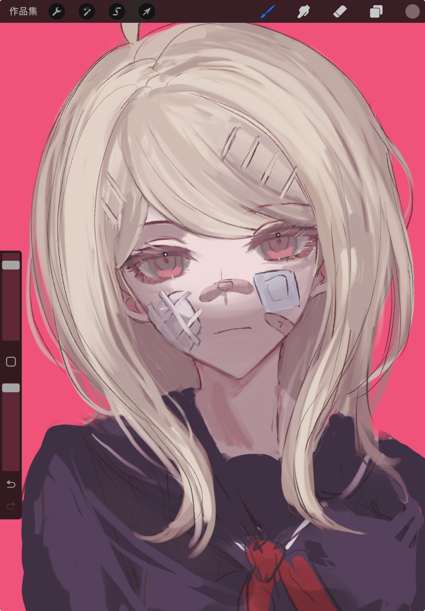 1girl ahoge akamatsu_kaede art_tools_in_frame bandaid bandaid_on_cheek bandaid_on_face bandaid_on_nose black_sailor_collar black_shirt blonde_hair brown_eyes danganronpa_(series) danganronpa_v3:_killing_harmony expressionless fu_ga_(vivi912912) hair_ornament hairclip highres long_hair neckerchief official_alternate_costume pink_background procreate_(medium) procreate_(software) red_neckerchief sailor_collar shirt solo