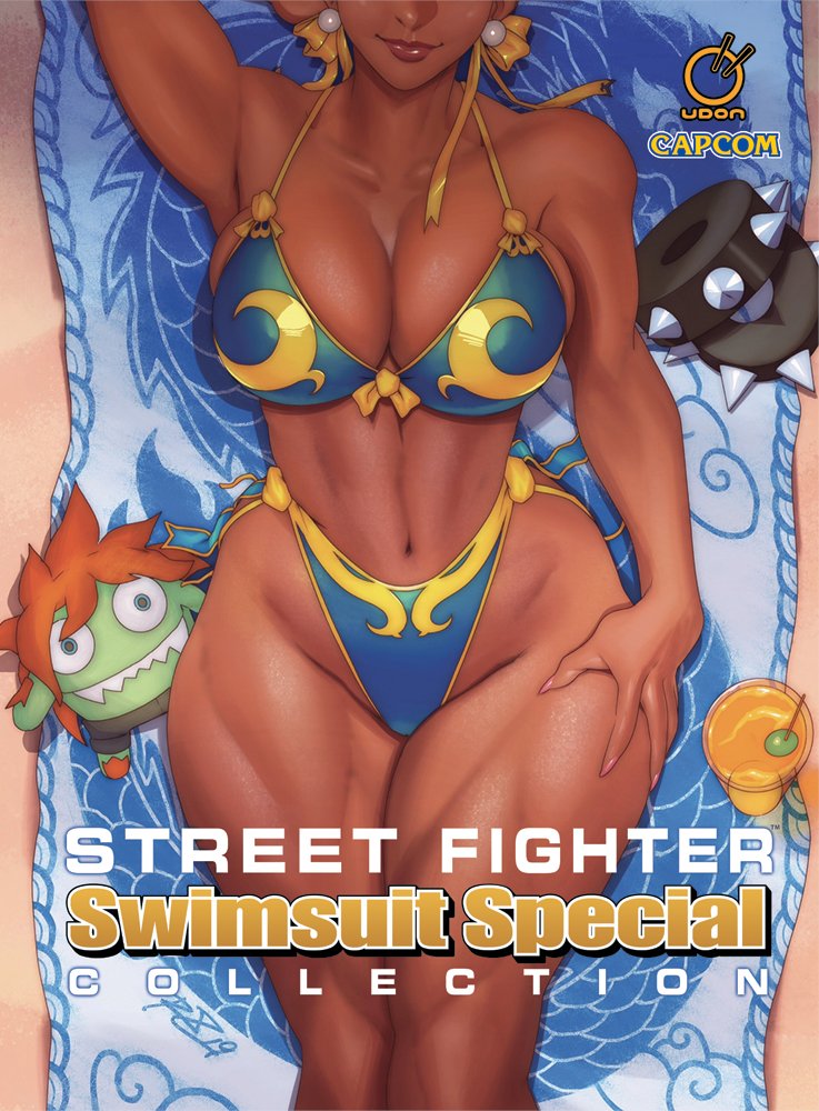 1girl adapted_costume arm_behind_head armpits beach_towel biceps bikini blanka-chan blue_bikini bracelet bracelet_removed breasts character_doll chun-li cleavage collarbone dark-skinned_female dark_skin earrings english_commentary fingernails head_out_of_frame highleg highleg_bikini jewelry large_breasts legs_together linea_alba lying nail_polish navel on_back pink_nails print_bikini robaato second-party_source short_hair smile solo spiked_bracelet spikes street_fighter street_fighter_v swimsuit thick_thighs thighs towel udon_entertainment