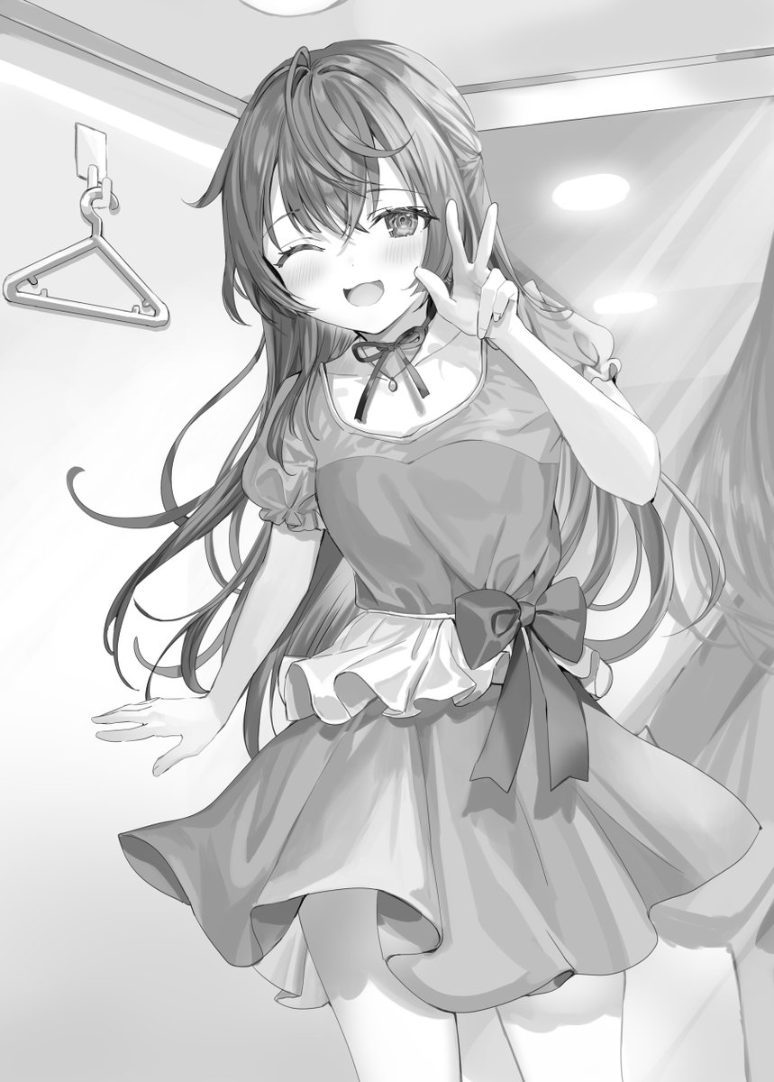 1girl blush bow ceiling ceiling_light clothes_hanger collarbone commentary_request cowboy_shot full-length_mirror greyscale hair_between_eyes hand_up highres jewelry lights long_hair looking_at_viewer mirror momoko_(momopoco) monochrome neck_ribbon necklace novel_illustration official_art one_eye_closed open_mouth reflection ribbon second-party_source smile solo suou_yuki tokidoki_bosotto_roshia-go_de_dereru_tonari_no_arya-san very_long_hair w waist_bow