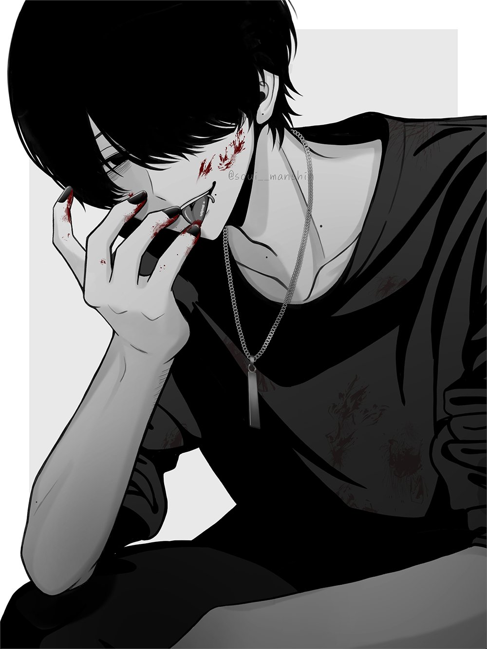 1boy bags_under_eyes blood blood_on_face blood_on_hands greyscale hair_over_one_eye highres jewelry licking licking_finger looking_at_viewer male_focus mole mole_on_neck mole_under_mouth monochrome nail_polish necklace original shirt simple_background sleeves_rolled_up solo soui_manshin spot_color tongue