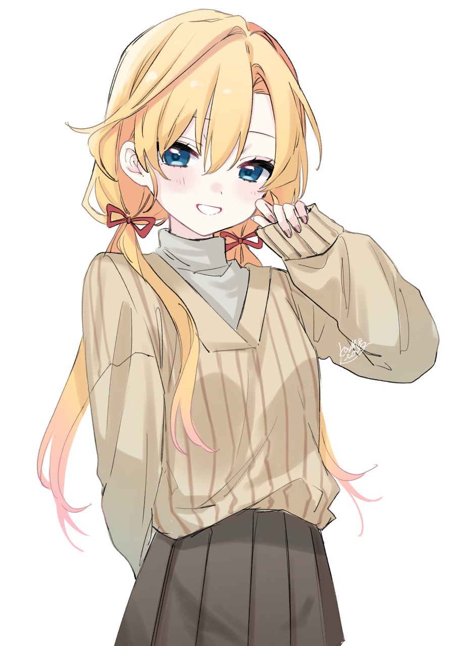 1girl abukuma_(kancolle) black_skirt blonde_hair blue_eyes cowboy_shot highres kamisuiori kantai_collection long_hair low_twintails official_alternate_costume official_alternate_hairstyle pleated_skirt ribbed_sweater simple_background skirt solo sweater twintails white_background white_sweater