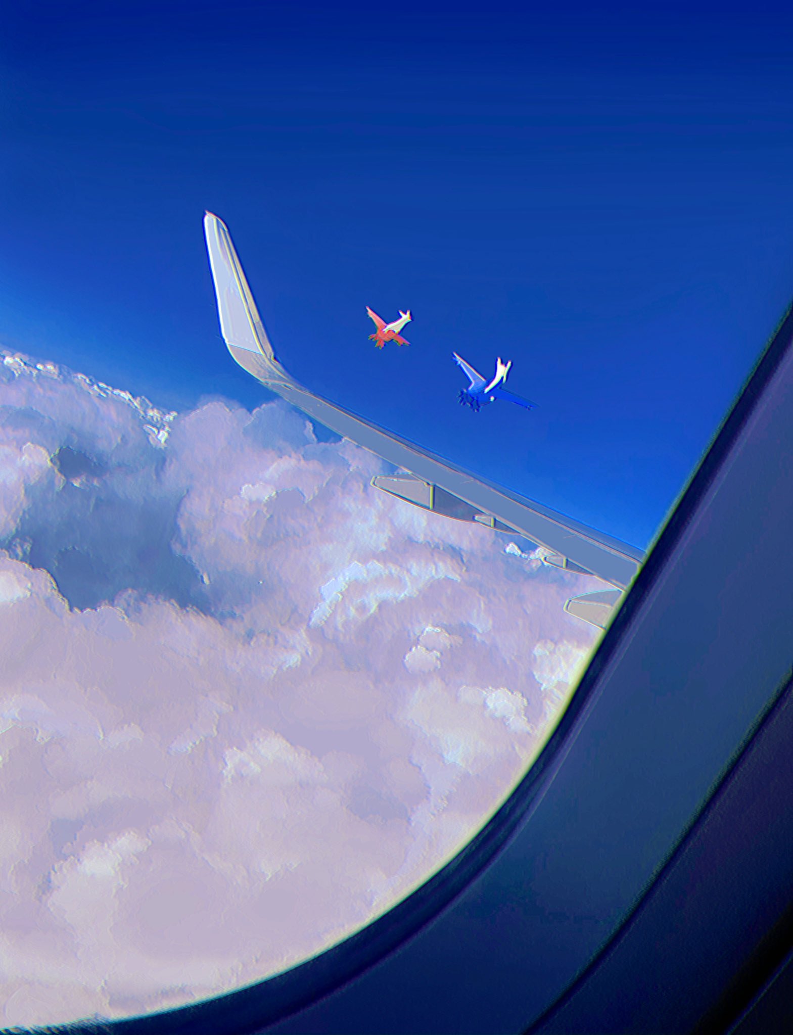 above_clouds airplane_interior anzu_(01010611) chromatic_aberration cloud commentary_request day flying highres latias latios no_humans outdoors pokemon pokemon_(creature) sky window