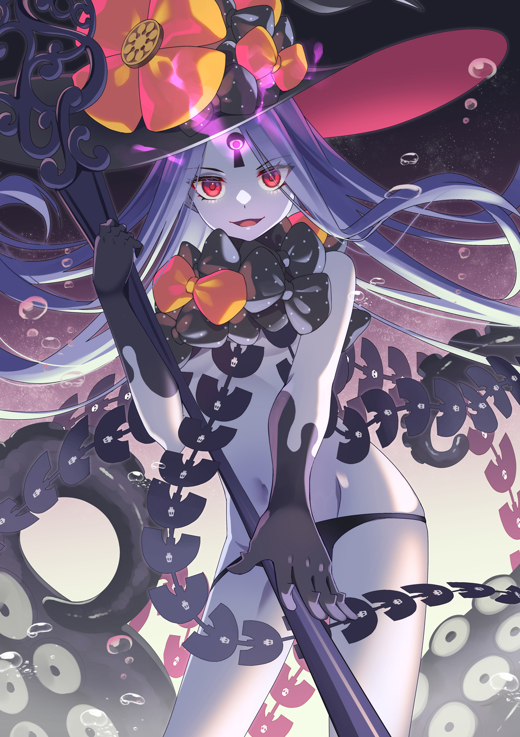 1girl abigail_williams_(fate) abigail_williams_(third_ascension)_(fate) bare_shoulders black_bow black_hat black_panties bow breasts colored_skin fate/grand_order fate_(series) forehead hair_bow hat highres keyhole long_hair looking_at_viewer navel open_mouth orange_bow panties parted_bangs red_eyes ryofuhiko small_breasts smile solo staff tentacles thighs third_eye underwear water_drop white_hair white_skin witch_hat