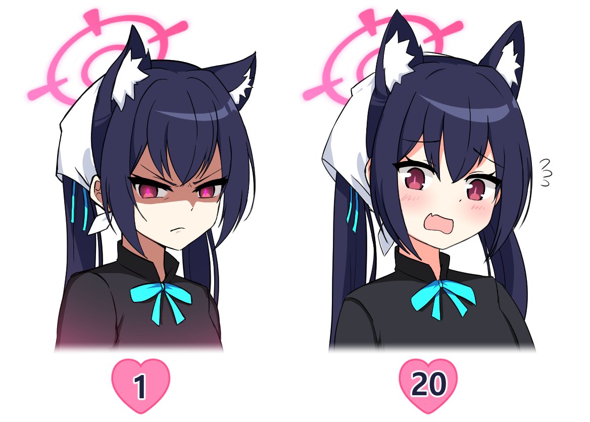 1girl angry animal_ear_fluff animal_ears black_hair blue_archive cat_ears closed_mouth commentary_request cropped_torso embarrassed extra_ears halo heart long_hair looking_at_viewer multiple_views nanju_bami official_alternate_costume open_mouth pink_halo red_eyes serika_(blue_archive) sidelocks simple_background twintails waitress white_background