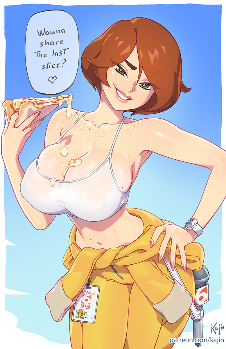1girl april_o'neil blue_sky body_freckles breasts brown_hair cheese cheese_trail cleavage clothes_around_waist covered_nipples crop_top english_commentary english_text fingernails food freckles green_eyes grin head_tilt highres jumpsuit kajin_(kajinman) large_breasts looking_at_viewer microphone mole mole_on_breast mole_on_stomach multiple_moles narrow_waist pizza red_nails see-through sharp_fingernails short_hair sky smile solo spaghetti_strap speech_bubble sweaty_clothes tank_top teenage_mutant_ninja_turtles teenage_mutant_ninja_turtles_(80s) white_tank_top yellow_jumpsuit