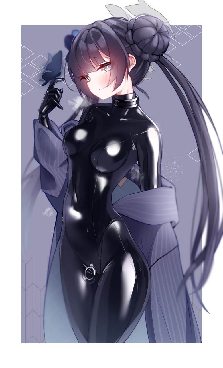 1girl black_bodysuit black_choker blue_archive blue_butterfly blue_eyes blue_hair blush bodysuit bodysuit_under_clothes braid braided_bun bug butterfly choker crotch_zipper embarrassed grey_halo hair_bun halo highres jacket kisaki_(blue_archive) latex latex_bodysuit looking_at_viewer maguro27 shiny_clothes skin_tight steaming_body striped_clothes striped_jacket vertical-striped_clothes vertical-striped_jacket zipper