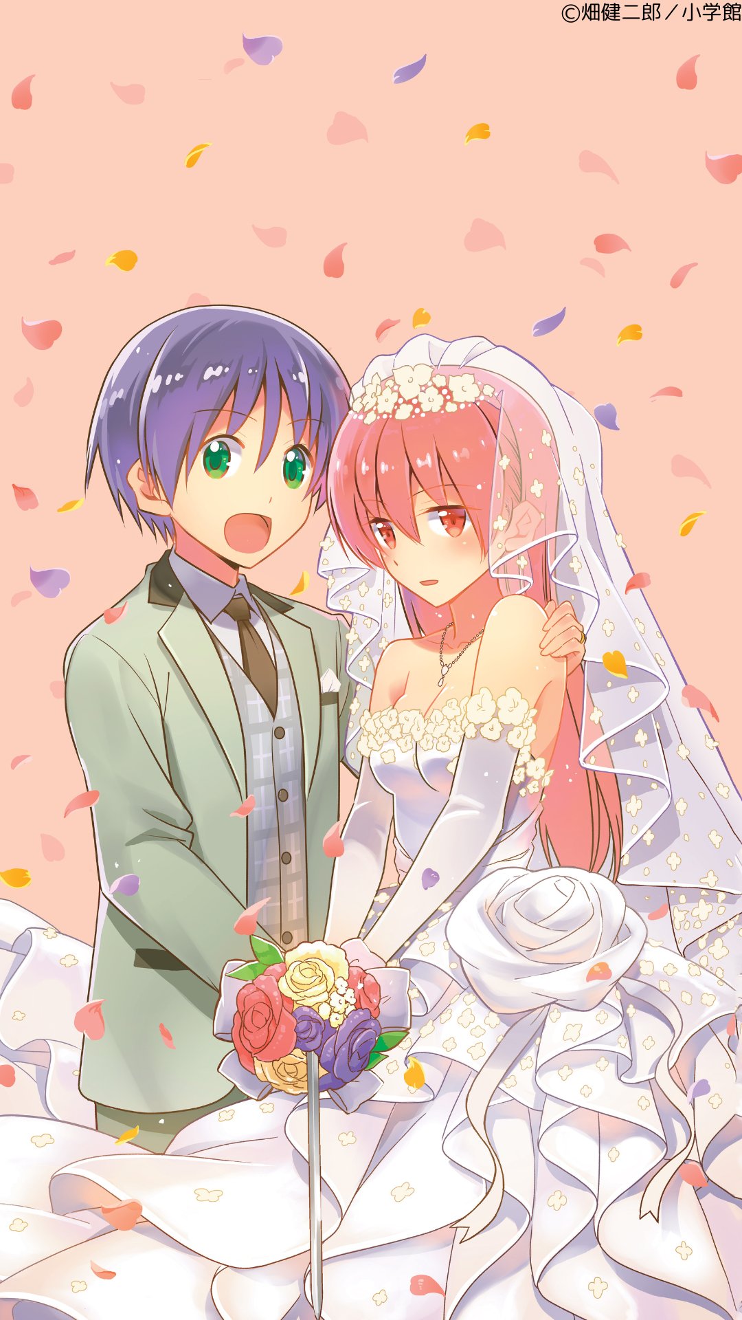 1boy 1girl blush bouquet bridal_veil bride copyright_name dress flower gloves groom hair_ornament hata_kenjirou hetero highres holding holding_bouquet husband_and_wife long_hair looking_at_viewer official_art open_mouth pink_hair purple_hair red_eyes short_hair sleeveless smile tonikaku_kawaii tuxedo veil wedding_dress white_dress white_gloves yuzaki_nasa yuzaki_tsukasa