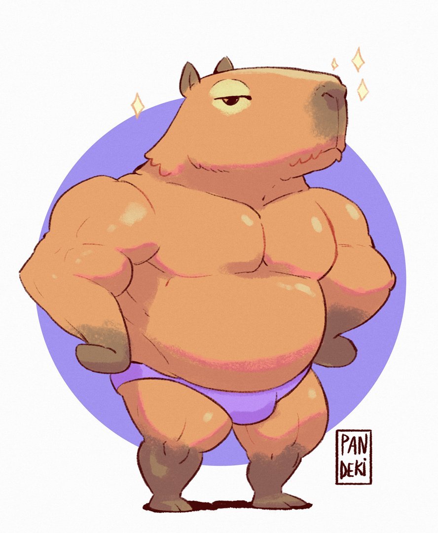 1boy bara belly briefs bulge capybara_boy capybara_ears full_body furry furry_male hands_on_own_hips jitome large_pectorals male_focus male_underwear muscular muscular_male no_nipples original pandeki_art pectorals plump purple_male_underwear solo sparkling_aura standing stomach topless_male two-tone_background unamused underwear