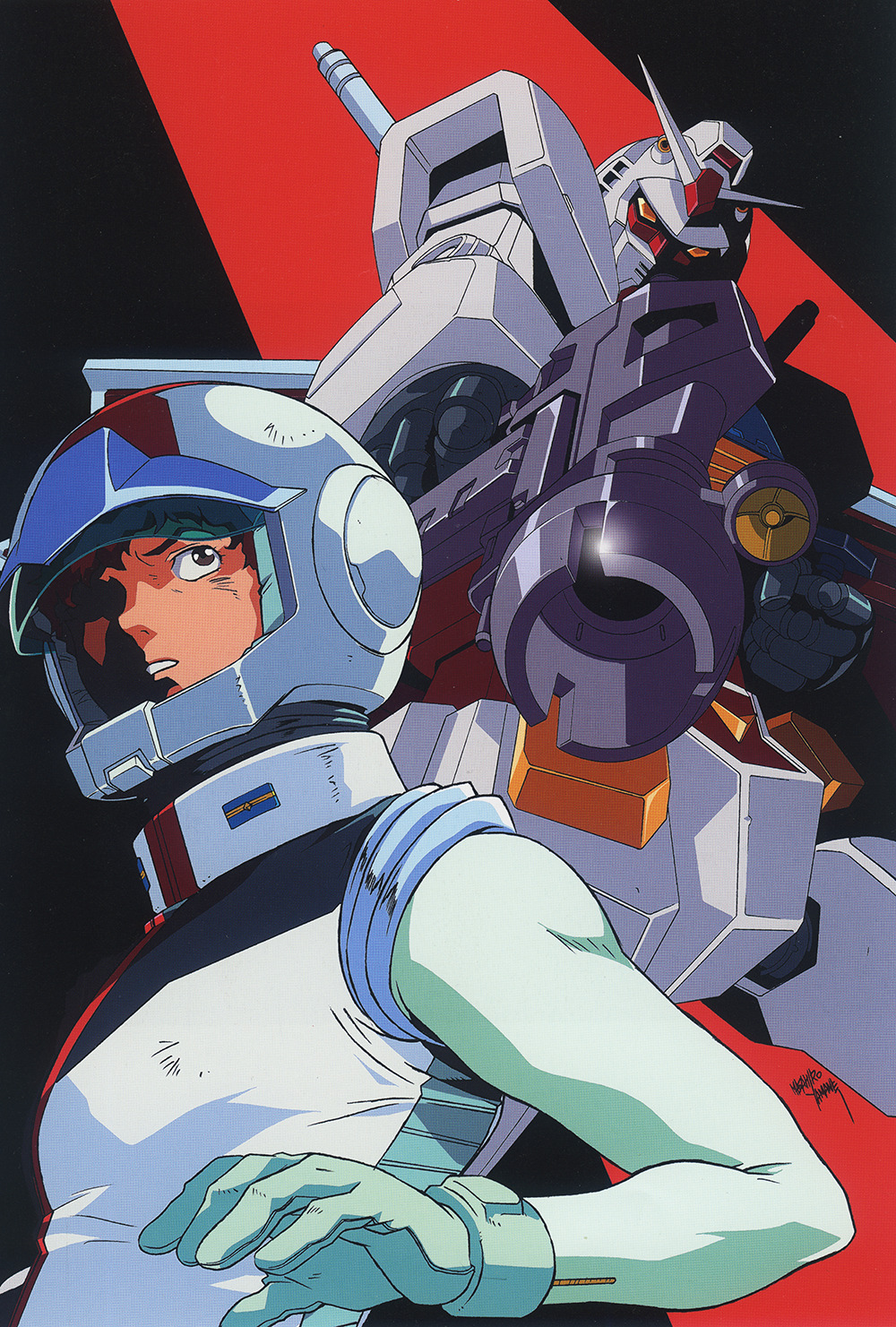 1980s_(style) 1990s_(style) 1boy aiming aiming_at_viewer amuro_ray astronaut beam_rifle earth_federation energy_gun english_commentary glint gloves gundam helmet highres key_visual mecha mobile_suit mobile_suit_gundam official_art pilot pilot_helmet pilot_suit promotional_art retro_artstyle robot rx-78-2 scan science_fiction signature spacesuit traditional_media upper_body v-fin weapon yamane_masahiro