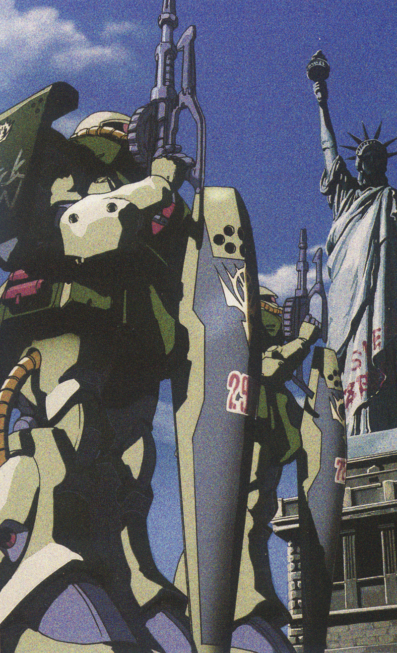 1980s_(style) 1990s_(style) bad_end blue_sky building cloud emblem gun gundam highres kawamoto_toshihiro machine_gun mecha mobile_suit mobile_suit_gundam new_york no_humans official_art promotional_art retro_artstyle robot scan science_fiction shield sky statue_of_liberty traditional_media vandalized weapon when_you_see_it zaku_ii zeon