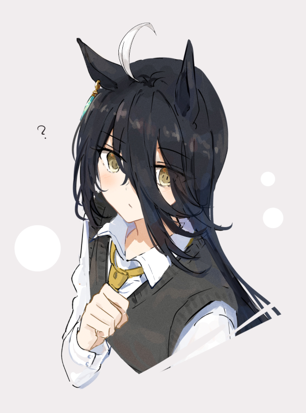 1girl ? ahoge alternate_costume animal_ears black_hair black_sweater closed_mouth collared_shirt cropped_torso grey_background hair_between_eyes hand_up horse_ears long_hair long_sleeves manhattan_cafe_(umamusume) multicolored_hair necktie ninjin_nouka shirt solo streaked_hair sweater sweater_vest umamusume upper_body white_shirt yellow_eyes yellow_necktie