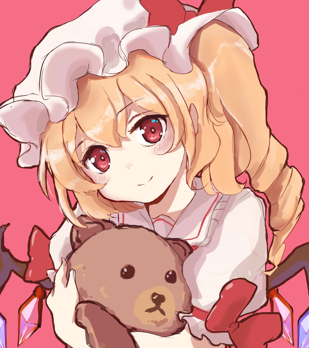 1girl blonde_hair closed_mouth collared_shirt crystal flandre_scarlet hair_between_eyes hat head_tilt holding holding_stuffed_toy light_smile long_hair looking_at_viewer mob_cap multicolored_wings one_side_up pink_background puffy_short_sleeves puffy_sleeves red_eyes red_ribbon ribbon shirt short_sleeves simple_background sleeve_bow sleeve_ribbon solo stuffed_animal stuffed_toy teddy_bear touhou upper_body white_hat white_shirt wings yuma_(user_zuft7485)