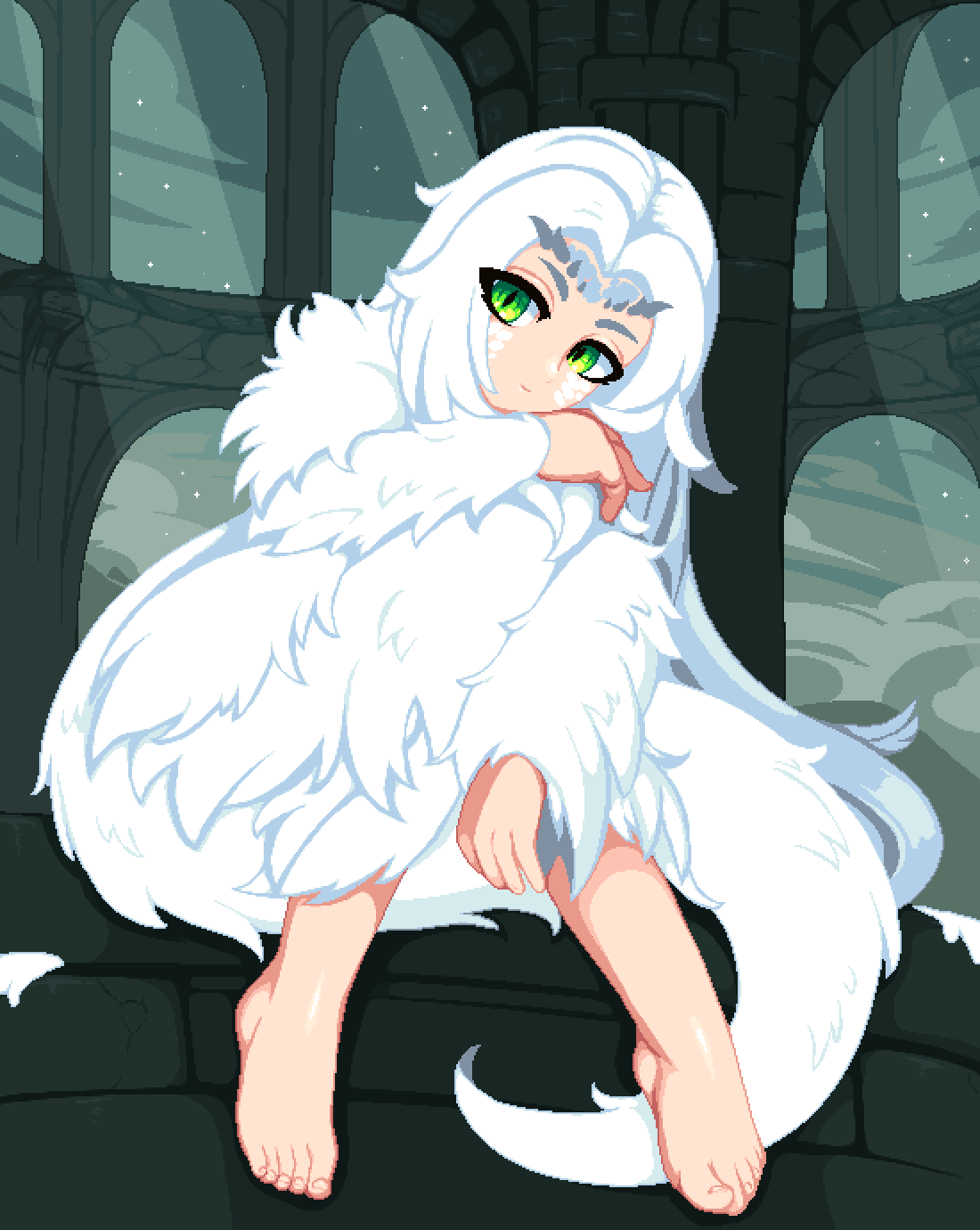 1girl barefoot dark_souls_(series) dark_souls_i dragon_girl dress green_eyes highres long_hair looking_at_viewer minimilieu monster_girl night pixel_art priscilla_the_crossbreed ruins sitting slit_pupils solo tail white_hair