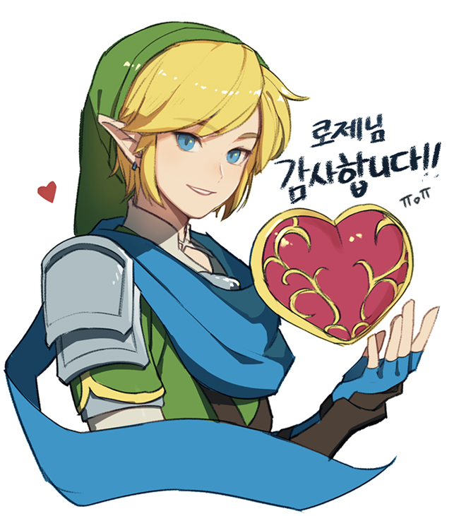 blonde_hair clothing elf fingerless_gloves gloves hair handwear hat headgear headwear heart_container heart_symbol humanoid humanoid_pointy_ears hylian hyrule_warriors light_body light_skin link male mmimmzel nintendo not_furry scarf simple_background smile solo the_legend_of_zelda