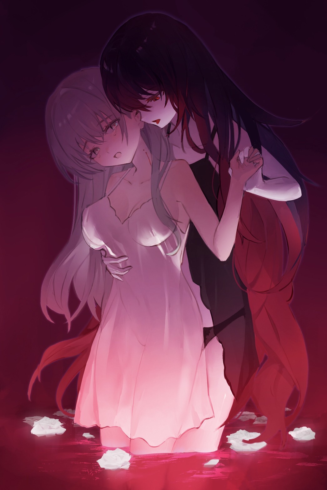 2girls babydoll bite_mark black_babydoll black_hair black_panties blood_on_neck breasts commentary_request cowboy_shot dress flower grey_hair hand_on_another's_stomach highres holding_hands lingerie long_hair looking_at_another medium_breasts multiple_girls nago_nago open_mouth original panties red_background red_eyes see-through see-through_chemise tongue tongue_out underwear vampire wading white_chemise white_dress white_flower yuri
