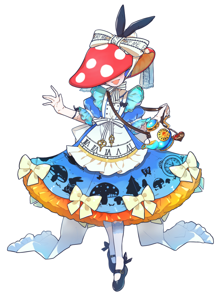 1girl :d blue_dress bow clock_print dairoku_ryouhei dress dress_bow drink_me eat_me facing_viewer food_print full_body gloves hat hat_bow mary_janes mushroom_hat mushroom_print new_chigusa pantyhose petit_grande puffy_short_sleeves puffy_sleeves shoes short_sleeves smile socks standing teapot white_gloves white_pantyhose