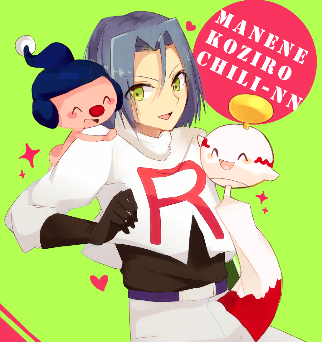 1boy black_gloves blue_hair chimecho gloves green_background green_eyes heart james_(pokemon) looking_at_viewer male_focus mime_jr. pokemon pokemon_(anime) pokemon_(creature) ruru_kirby smile team_rocket team_rocket_uniform