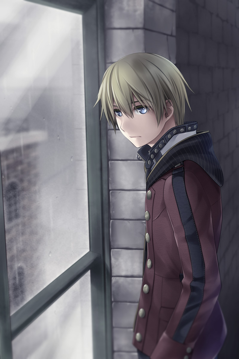 1boy arms_at_sides blonde_hair blue_eyes botamochi_usagi buttons closed_mouth commentary_request end_of_eternity expressionless from_side hair_between_eyes highres hood hooded_jacket jacket looking_at_viewer male_focus muted_color red_jacket short_hair solo stone_wall upper_body window zephyr_(end_of_eternity)