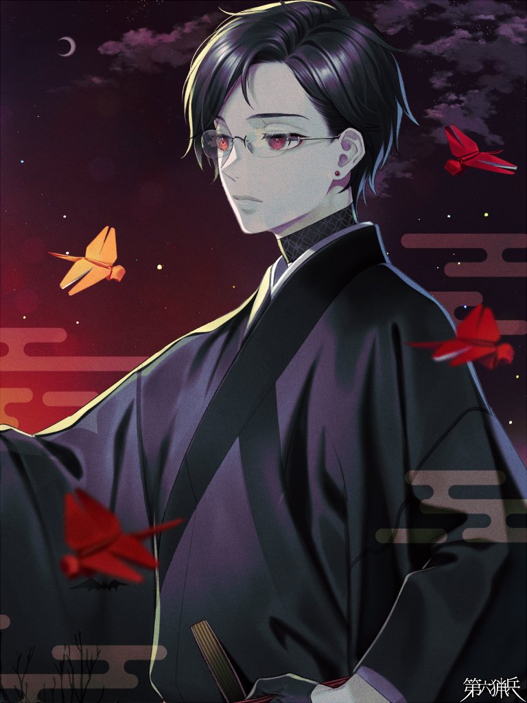 1boy animal_print bat_print black_gloves black_hair black_kimono black_shirt bug closed_mouth cloud crescent_moon dairoku_ryouhei dragonfly earrings egasumi expressionless folded_fan folding_fan glasses gloves hair_behind_ear hand_fan hand_on_own_hip japanese_clothes jewelry kimono long_sleeves looking_ahead male_focus moon night night_sky origami outstretched_arm red_eyes red_sash sash satono_omo shirt short_hair sky solo stud_earrings swept_bangs tree_print turtleneck upper_body wide_sleeves yarai_yuudachi yukata