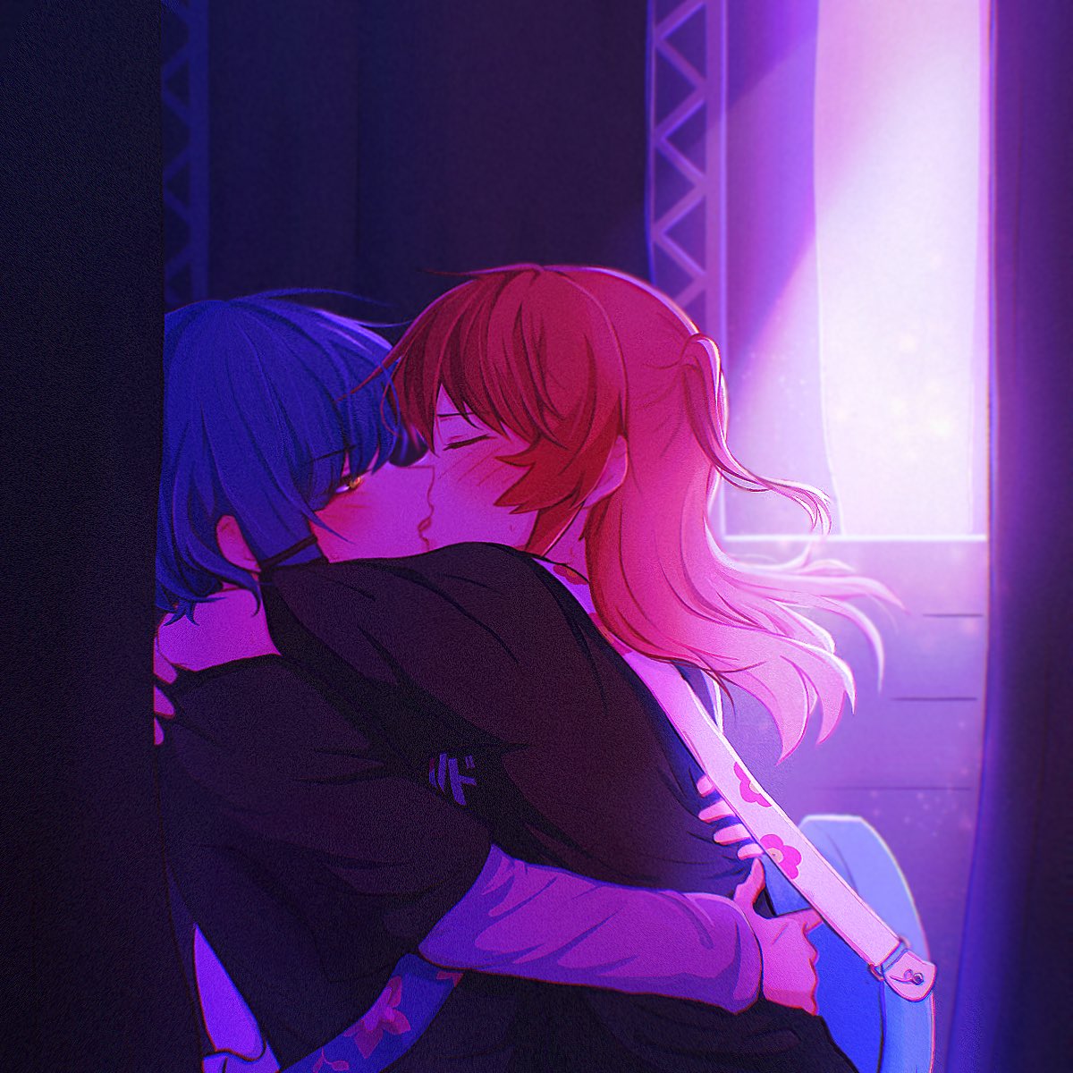 2girls arms_around_neck black_shirt blue_hair blush bocchi_the_rock! commentary_request french_kiss guitar hair_ornament hairclip hand_on_another's_back highres hug instrument kiss kita_ikuyo layered_sleeves long_hair long_sleeves multiple_girls one_side_up red_hair shirt short_over_long_sleeves short_sleeves stage yakaze_(yakaze1604) yamada_ryo yuri