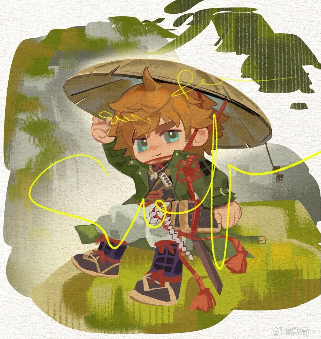 1boy amaimochi costume_request deformed facial_hair full_body goatee_stubble huge_eyebrows katana long_sideburns looking_at_viewer male_focus orange_hair original samurai sideburns sideburns_stubble smile solo stubble sword v-shaped_eyebrows weapon