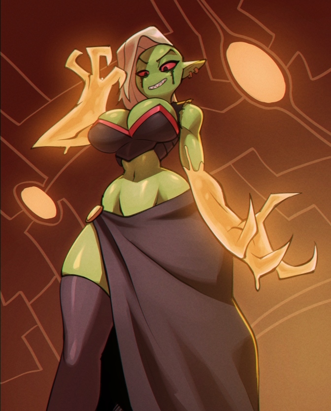 alien alien_humanoid big_breasts bigdad bottomwear breasts clothed clothing ear_piercing eyebrows female fingers green_body green_skin grin hair humanoid humanoid_pointy_ears legwear long_hair lord_dominator low-angle_view midriff navel noseless not_furry piercing pink_sclera sharp_teeth small_waist smile solo standing stockings teeth thick_thighs thigh_highs topwear wander_over_yonder white_hair wide_hips