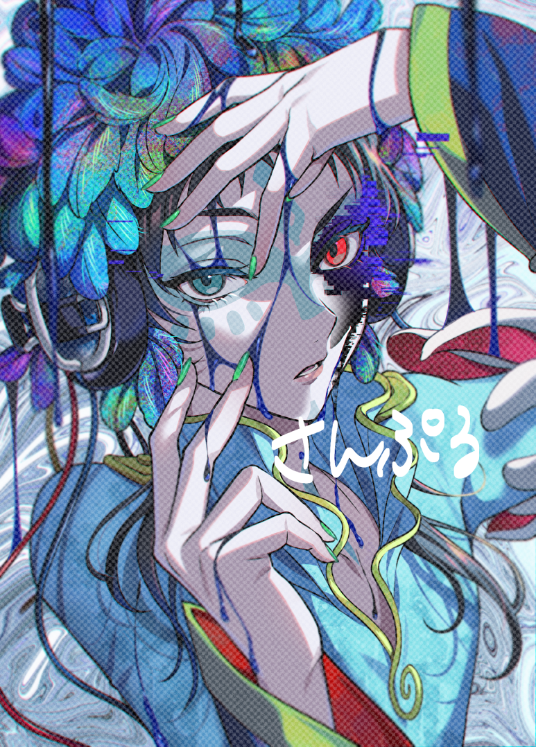 1other androgynous black_hair blue_eyes blue_hair corruption dark_persona facepaint facial_mark feathers gnosia green_eyes green_hair headphones heterochromia long_hair long_sleeves looking_at_viewer other_focus raqio solo tuze111 upper_body