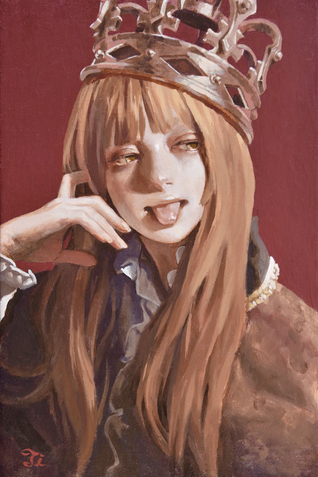 1girl :p brown_eyes brown_jacket crown english_commentary hand_up highres imai_takahiro jacket long_hair long_sleeves looking_at_viewer looking_to_the_side oil_painting_(medium) orange_hair original painting_(medium) realistic red_background shirt signature solo tongue tongue_out traditional_media upper_body