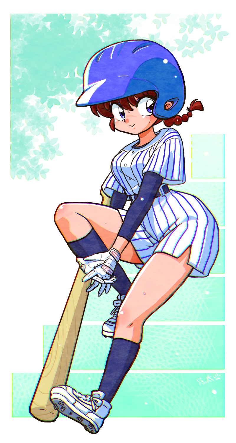 1girl baseball_bat baseball_helmet baseball_uniform belt blue_belt blue_eyes blue_socks blue_undershirt braid braided_ponytail cleats eyeshadow floral_print genderswap genderswap_(mtf) gloves helmet highres looking_at_viewer makeup own_fingers_together own_hands_together purple_eyeshadow ranma-chan ranma_1/2 red_hair saotome_ranma shirt shorts signature socks sportswear striped_clothes striped_shirt striped_shorts sweat sweatdrop two-tone_background vertical-striped_clothes vertical-striped_shirt vertical-striped_shorts wanta_(futoshi) white_footwear white_gloves