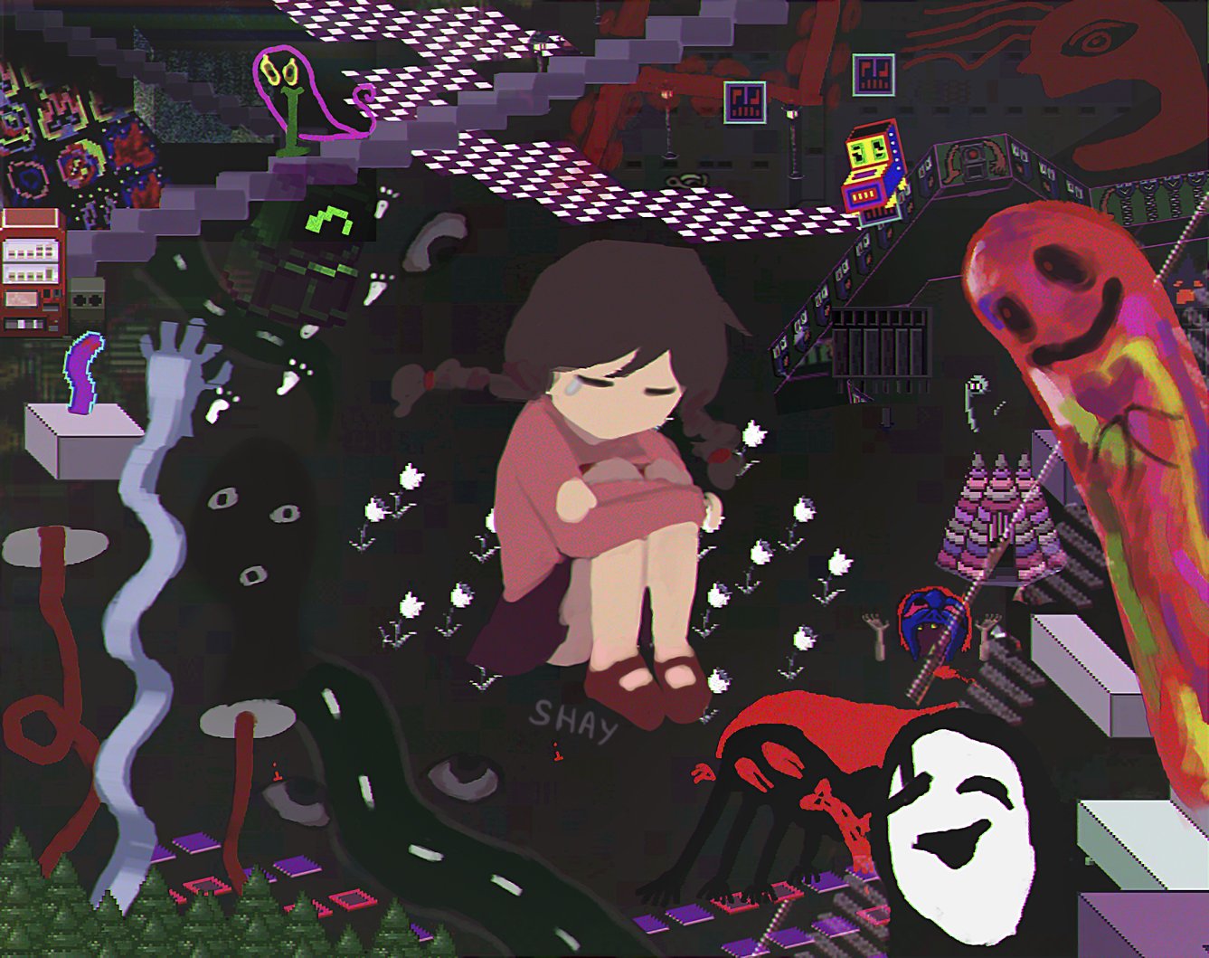 abstract_background forest ladder li_shay madotsuki mosaic_art multiple_others nature road uboa vending_machine white_lily yume_nikki