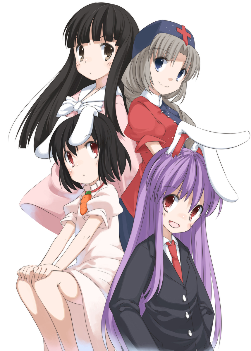 animal_ears bad_id bad_pixiv_id bunny_ears hat highres houraisan_kaguya inaba_tewi multiple_girls necktie red_neckwear reisen_udongein_inaba shouji_ayumu touhou yagokoro_eirin